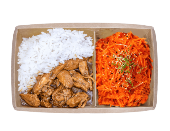 Picture of Chicken Teriyaki with rice and Korean carrots
