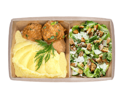 Picture of Chicken Meatballs (3 pcs) with mashed potatoes and Caesar salad