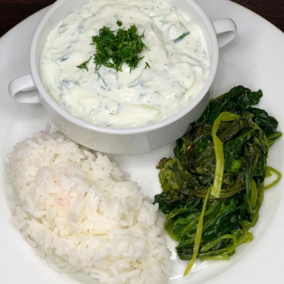 Picture of Spinach with rice and matsoni with cucumber 