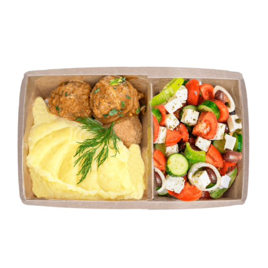 Picture of Chicken Meatballs (3 pcs) with mashed potatoes and Greek salad