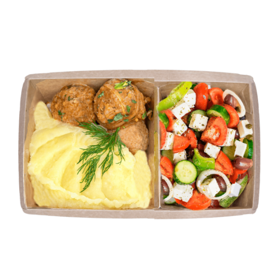 Picture of Chicken Meatballs with mashed potatoes and Greek salad