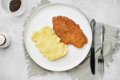 Picture of Lunch with Chicken Schnitzel and mashed potatoes