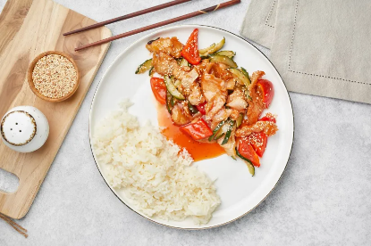 Picture of Lunch with sweet and sour chicken and rice