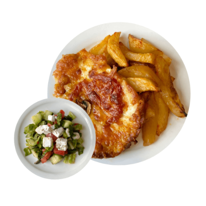 Picture of Pork languet with baked potatoes and Greek salad