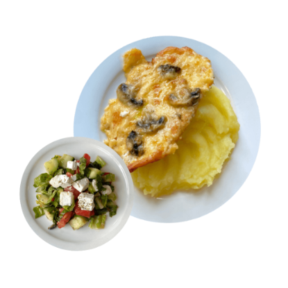 Picture of Chicken languet with mashed potatoes and Greek salad 