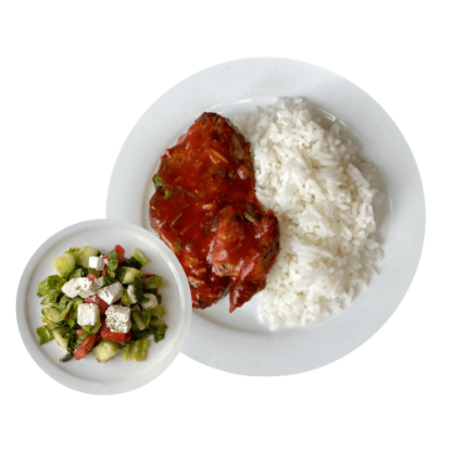 Picture of BBQ Pork with rice and Greek salad 