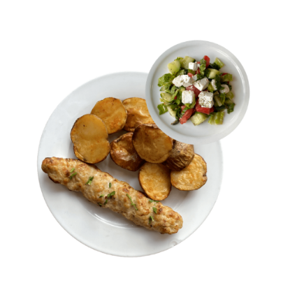 Picture of Chicken kebab with baked and Greek salad 