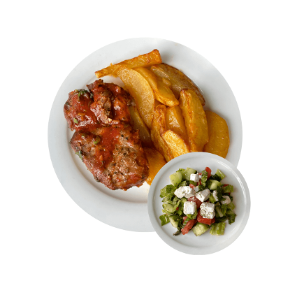 Picture of BBQ pork with baked potatoes and Greek salad