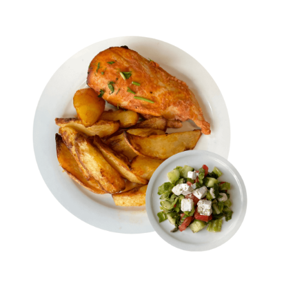 Picture of Chicken breast with baked potatoes and Greek salad 