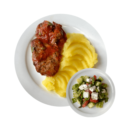 Picture of BBQ Pork with mashed potato and Greek salad