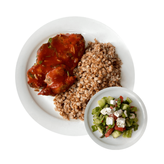 Picture of BBQ pork with buckwheat and Greek salad