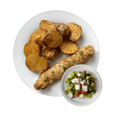 Picture of Chicken kebab with baked potatoes and Greek salad