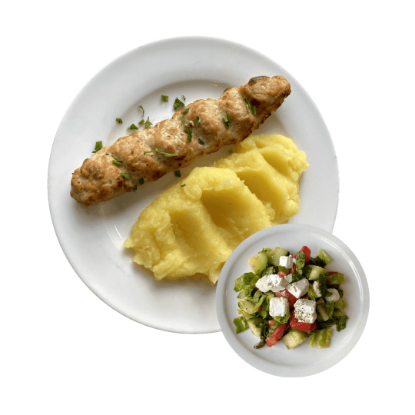 Picture of Chicken kebab with mashed potato and Greek salad 