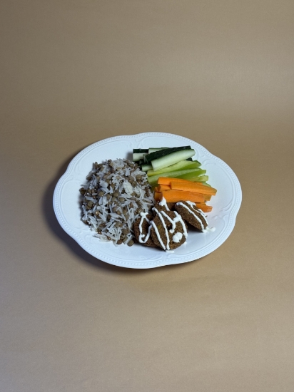 Picture of Rice lentil pilaf, with falafel and vegetables
